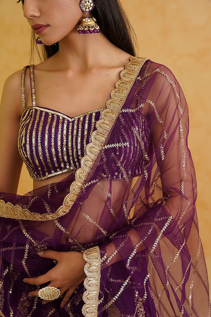 Purple Georgette Hand Embroidered Wedding Lehenga Set by Deepika Chadha at Pernia's Pop Up Shop