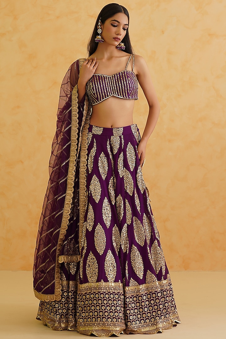 Purple Georgette Hand Embroidered Wedding Lehenga Set by Deepika Chadha at Pernia's Pop Up Shop