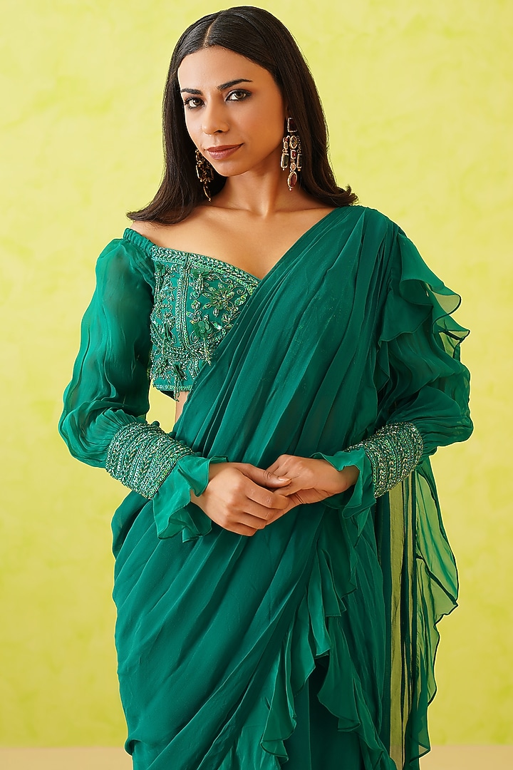 Green Georgette Draped Wedding Saree Set by Deepika Chadha at Pernia's Pop Up Shop