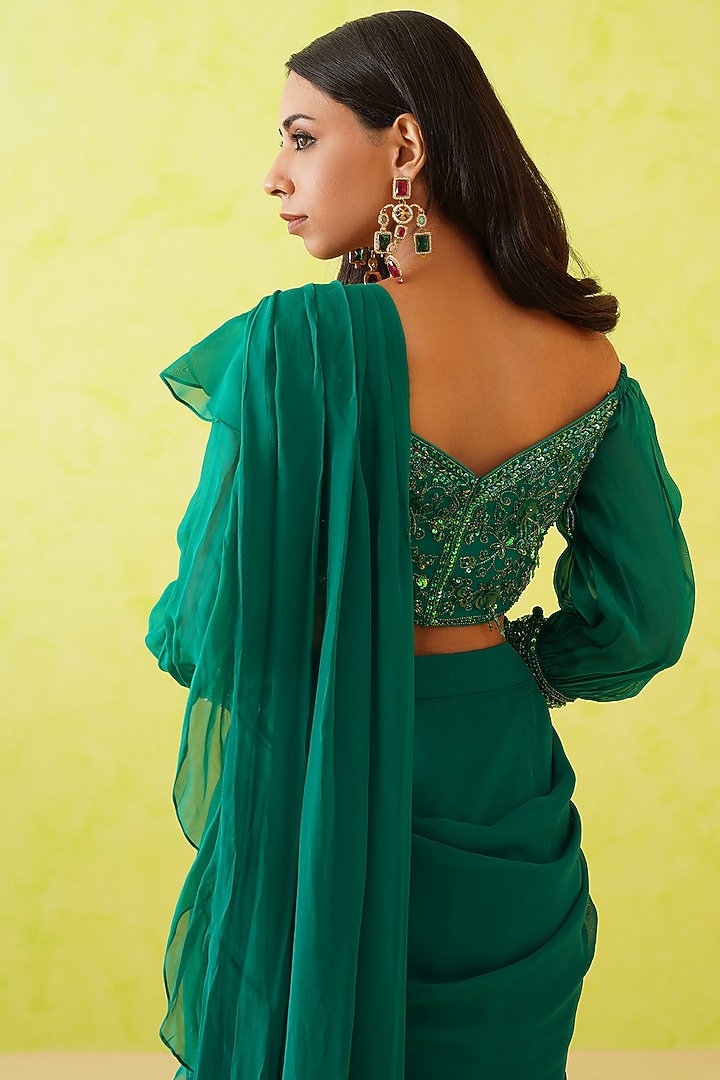 Green Georgette Draped Wedding Saree Set by Deepika Chadha at Pernia's Pop Up Shop