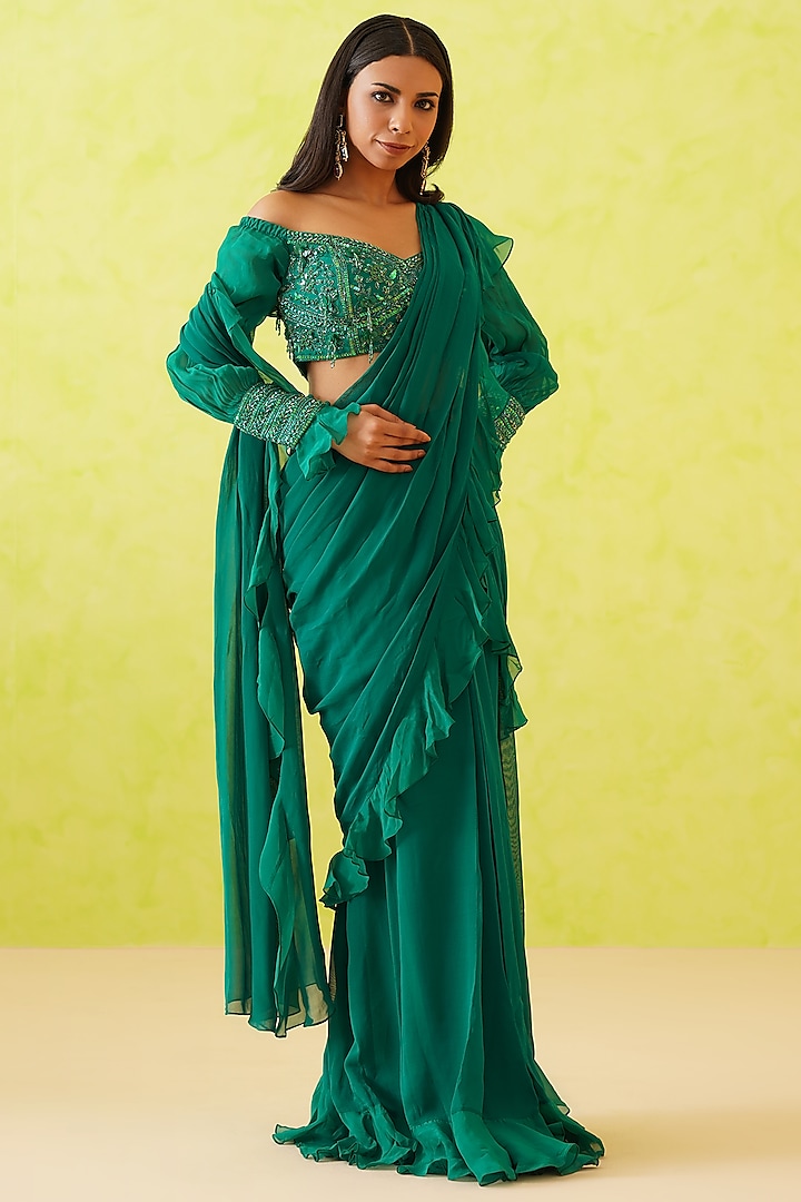 Green Georgette Draped Wedding Saree Set by Deepika Chadha at Pernia's Pop Up Shop