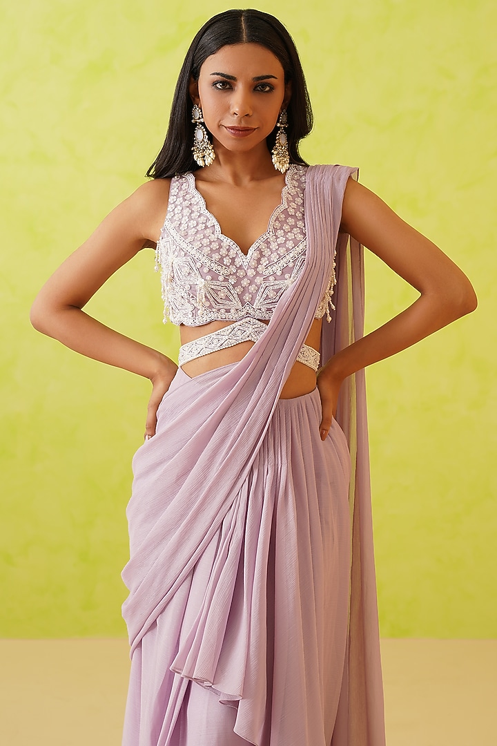 Mauve Georgette Draped Wedding Saree Set by Deepika Chadha at Pernia's Pop Up Shop