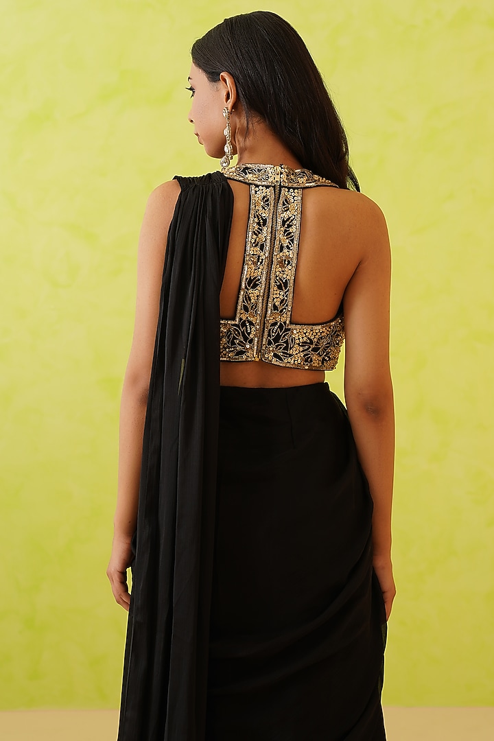 Black Satin Georgette Draped Wedding Saree Set by Deepika Chadha at Pernia's Pop Up Shop