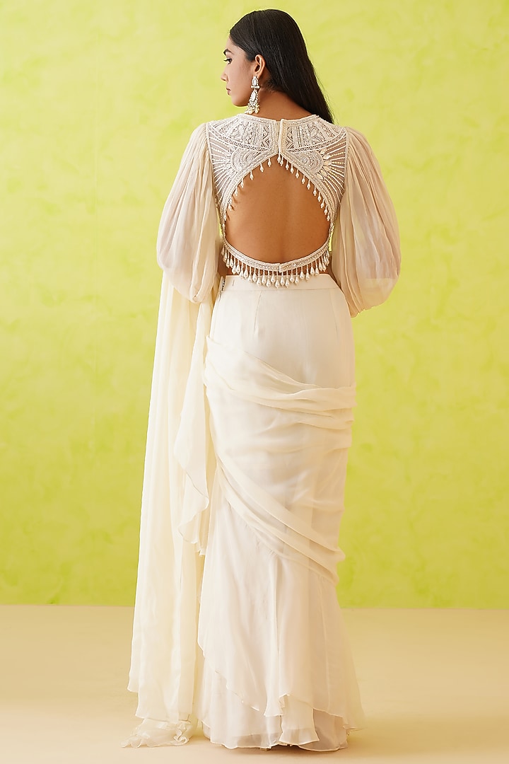 White Georgette Draped Wedding Saree Set by Deepika Chadha at Pernia's Pop Up Shop