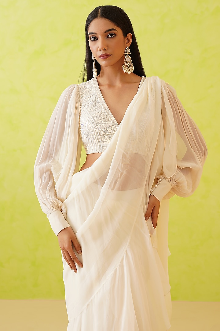 White Georgette Draped Wedding Saree Set by Deepika Chadha at Pernia's Pop Up Shop