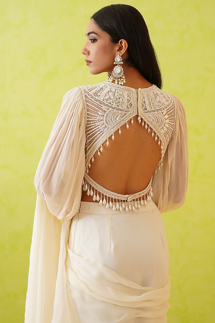 White Georgette Draped Wedding Saree Set by Deepika Chadha at Pernia's Pop Up Shop