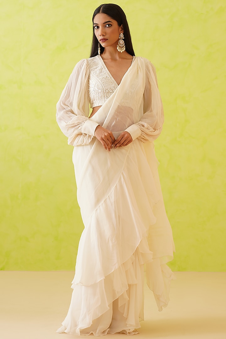 White Georgette Draped Wedding Saree Set by Deepika Chadha at Pernia's Pop Up Shop
