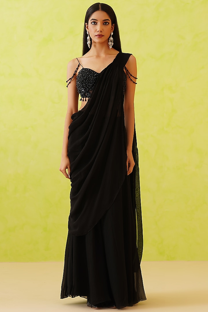 Black Georgette Draped Saree Set by Deepika Chadha at Pernia's Pop Up Shop