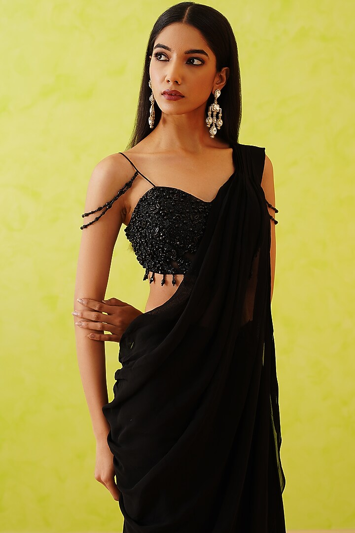 Black Georgette Embellished Draped Wedding Sharara Set by Deepika Chadha at Pernia's Pop Up Shop