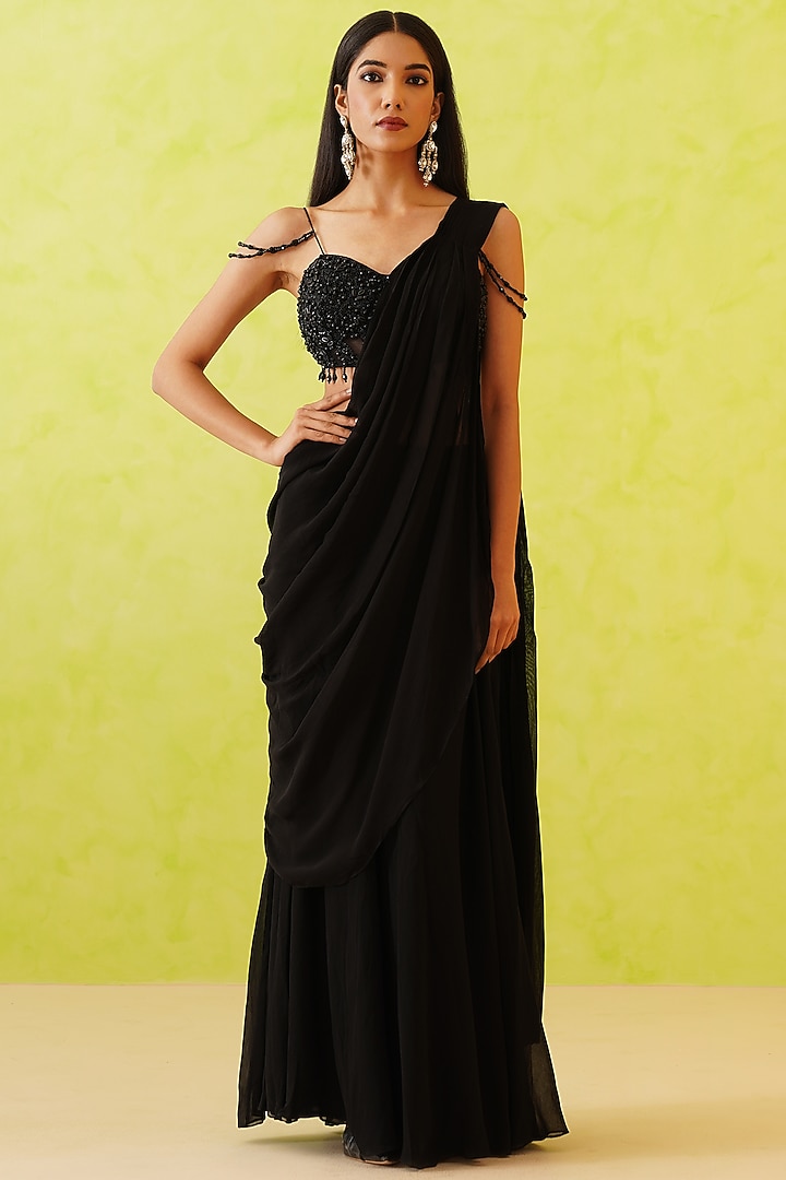 Black Georgette Embellished Draped Wedding Sharara Set by Deepika Chadha at Pernia's Pop Up Shop