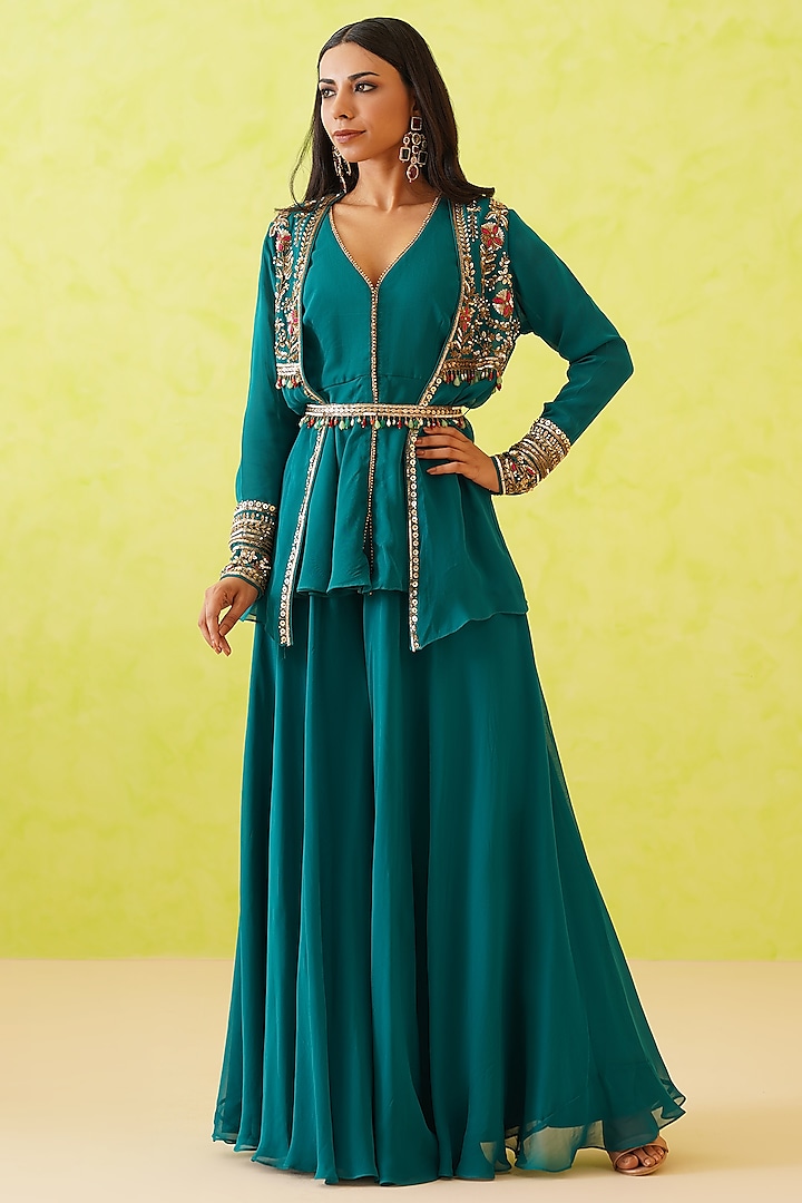 Green Georgette Hand Embroidered Jacket Set by Deepika Chadha at Pernia's Pop Up Shop