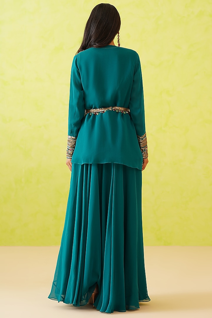 Green Georgette Hand Embroidered Jacket Set by Deepika Chadha at Pernia's Pop Up Shop