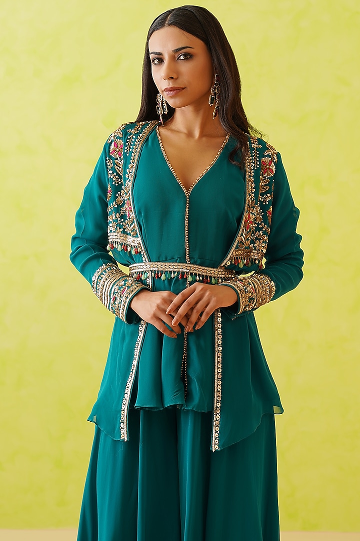 Green Georgette Hand Embroidered Jacket Set by Deepika Chadha at Pernia's Pop Up Shop