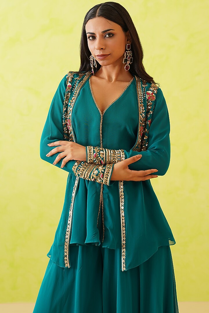 Green Georgette Hand Embroidered Jacket Set by Deepika Chadha at Pernia's Pop Up Shop