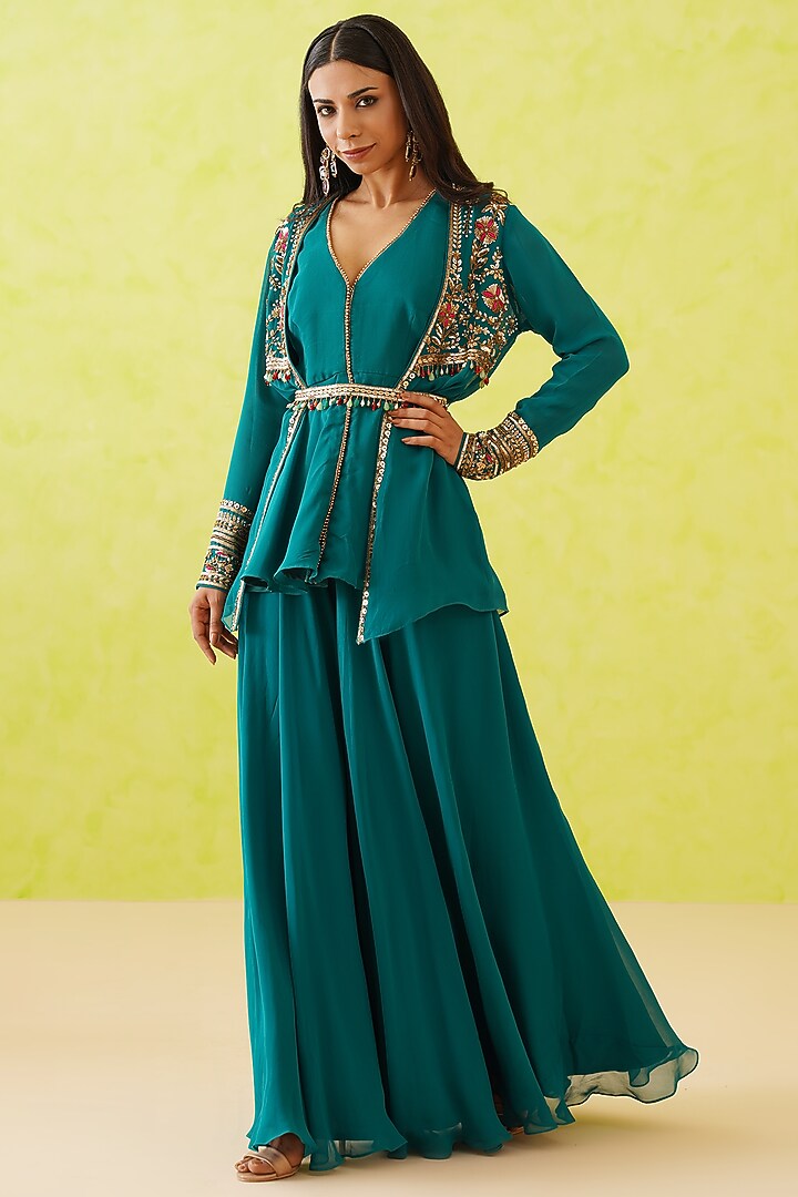 Green Georgette Hand Embroidered Jacket Set by Deepika Chadha at Pernia's Pop Up Shop