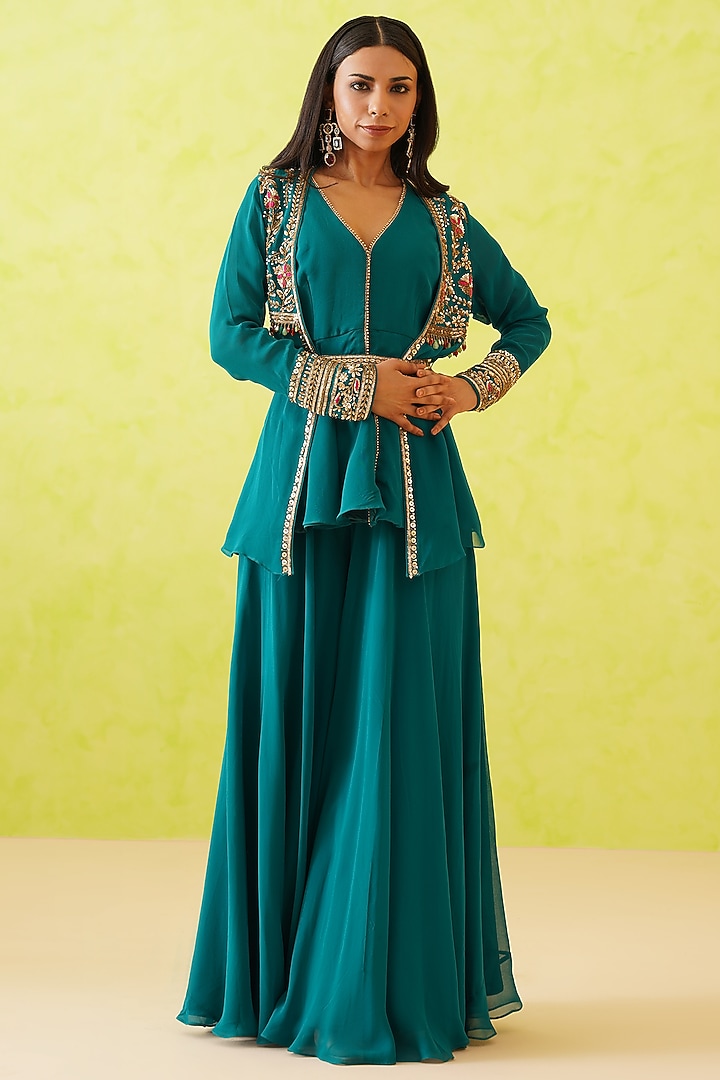 Green Georgette Hand Embroidered Jacket Set by Deepika Chadha at Pernia's Pop Up Shop