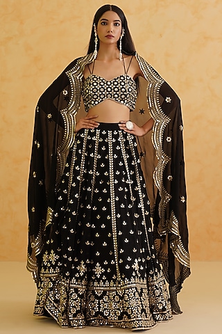 Black Georgette Hand Embroidered Lehenga Set by Deepika Chadha