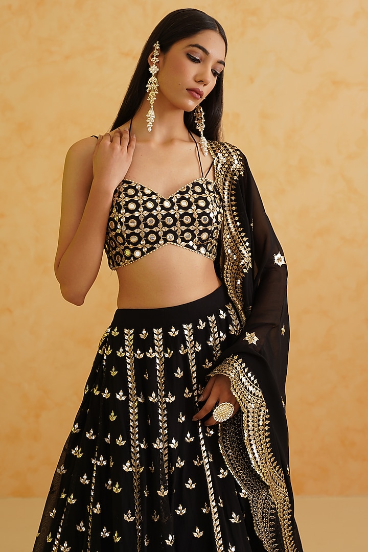 Black Georgette Hand Embroidered Wedding Lehenga Set by Deepika Chadha at Pernia's Pop Up Shop