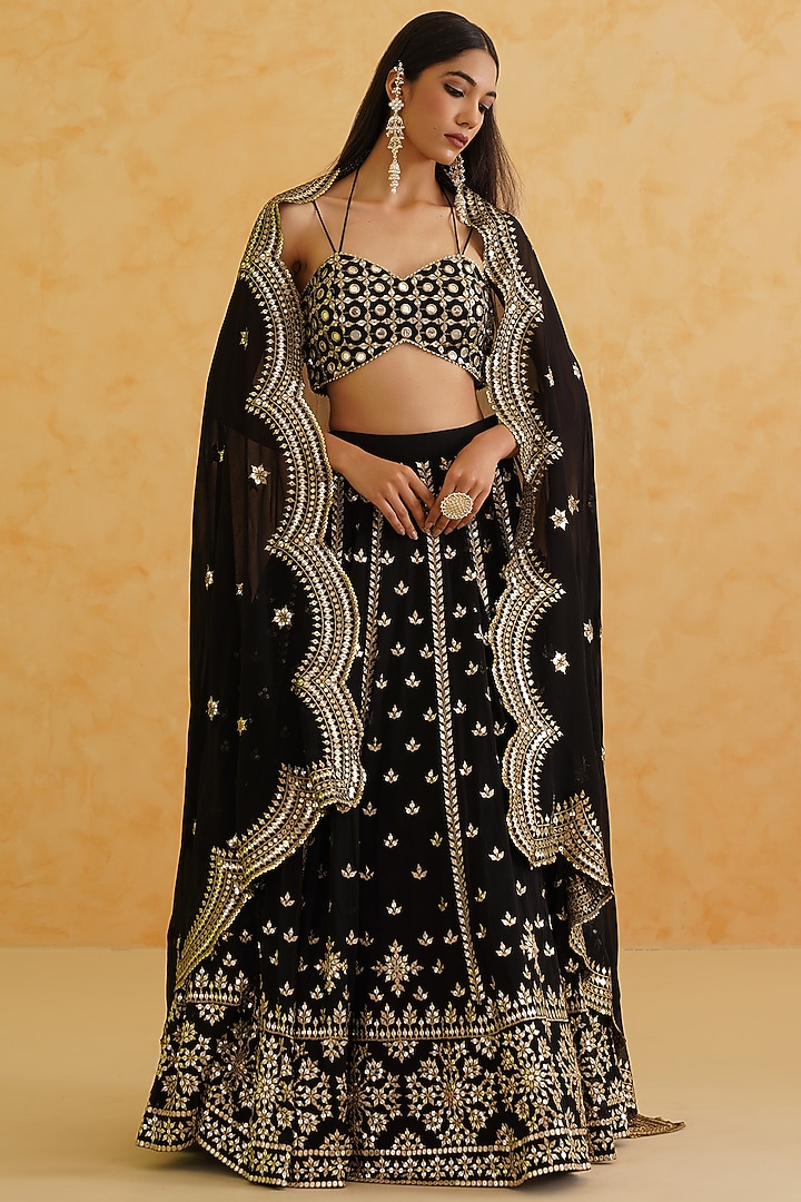 Black Georgette Hand Embroidered Wedding Lehenga Set by Deepika Chadha at Pernia's Pop Up Shop