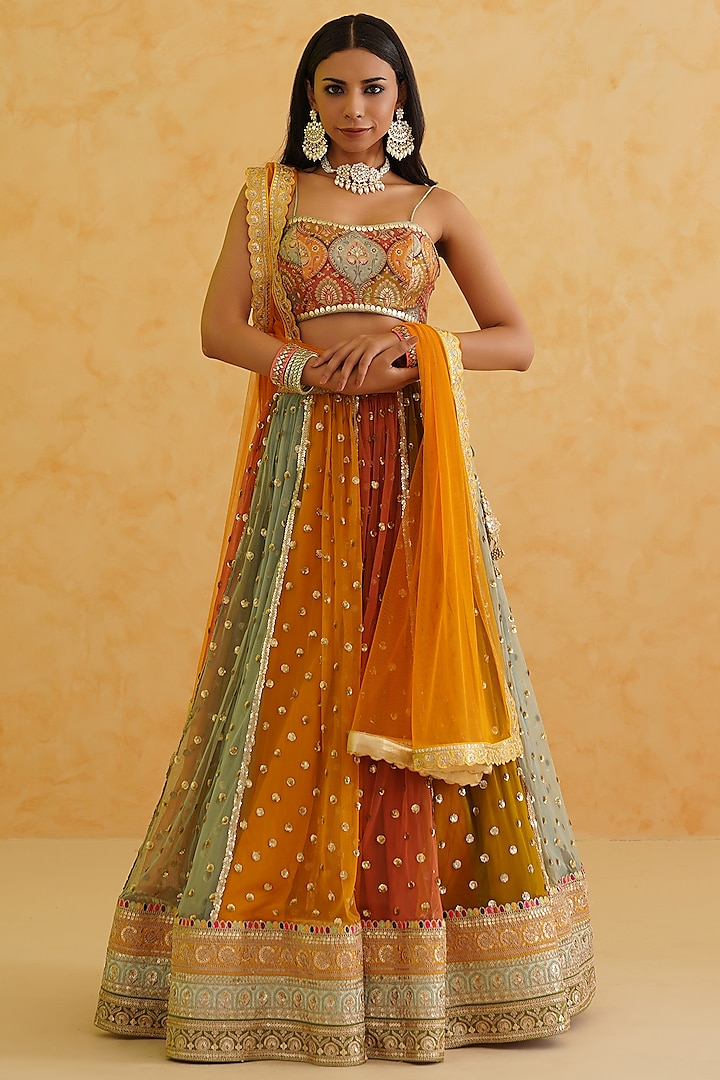 Multi-Colored NetHand Embroidered Wedding Lehenga Set by Deepika Chadha at Pernia's Pop Up Shop