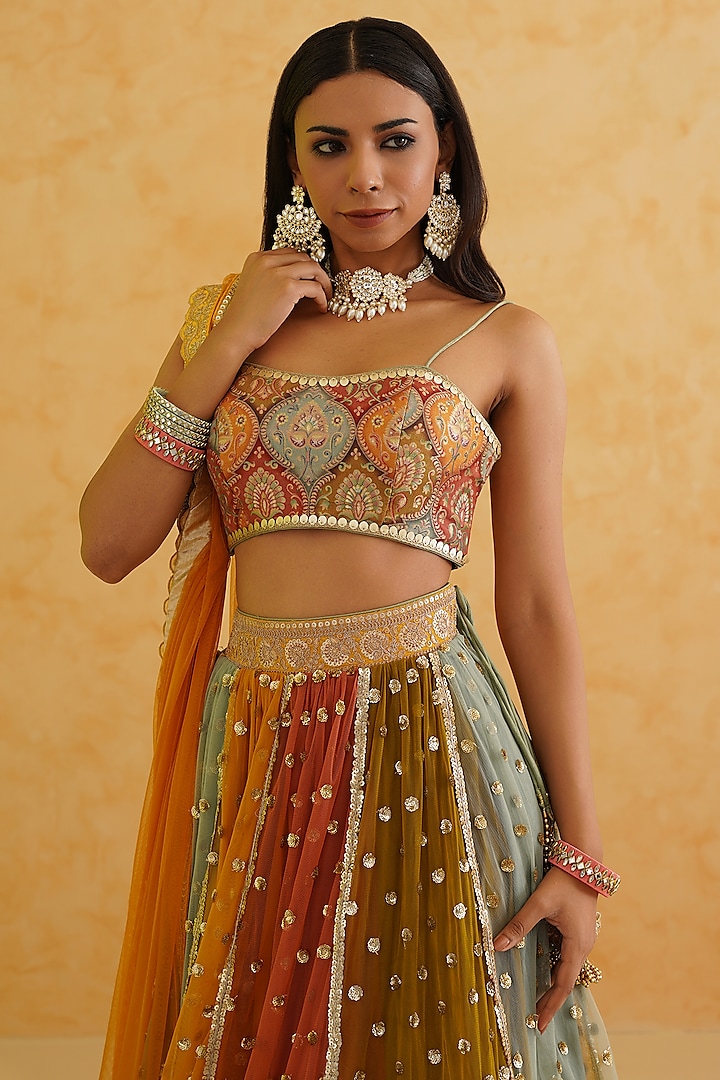 Multi-Colored NetHand Embroidered Wedding Lehenga Set by Deepika Chadha at Pernia's Pop Up Shop