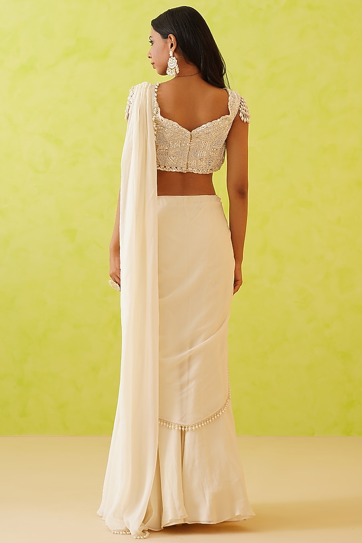 White Georgette Draped Wedding Saree Set by Deepika Chadha at Pernia's Pop Up Shop