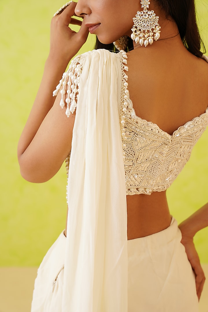 White Georgette Draped Wedding Saree Set by Deepika Chadha at Pernia's Pop Up Shop