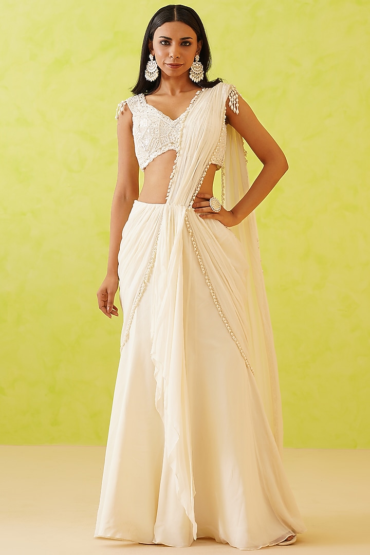 White Georgette Draped Wedding Saree Set by Deepika Chadha at Pernia's Pop Up Shop