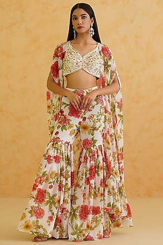 White Georgette Floral Printed Jacket Set by Deepika Chadha