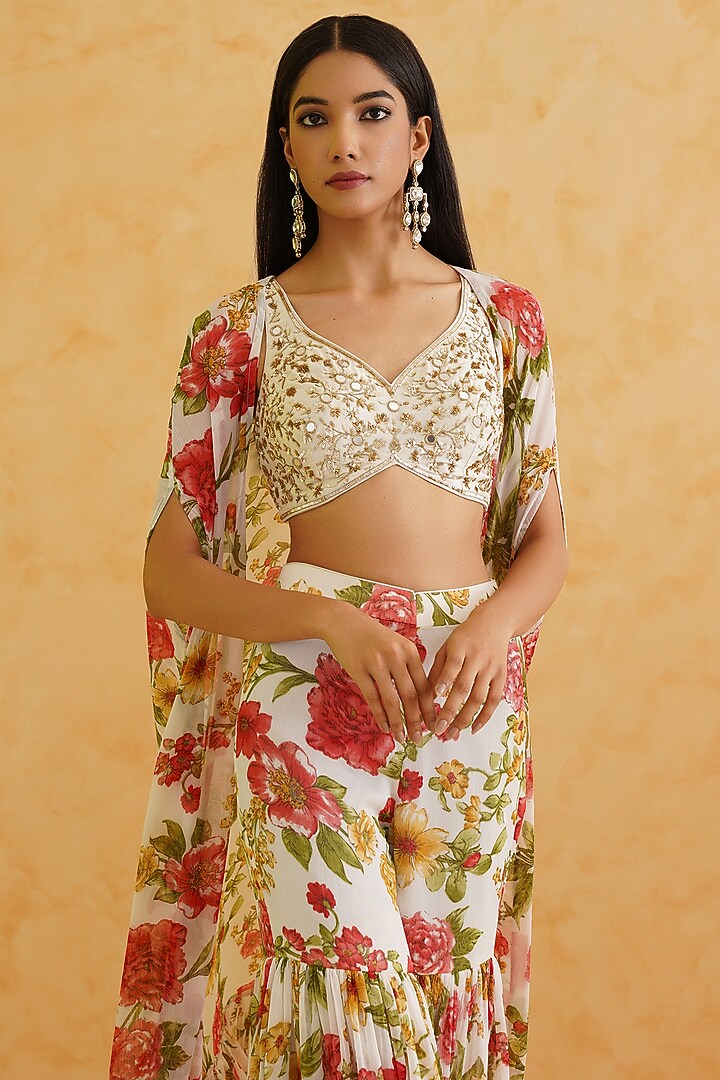 White Georgette Floral Printed Jacket Set by Deepika Chadha at Pernia's Pop Up Shop