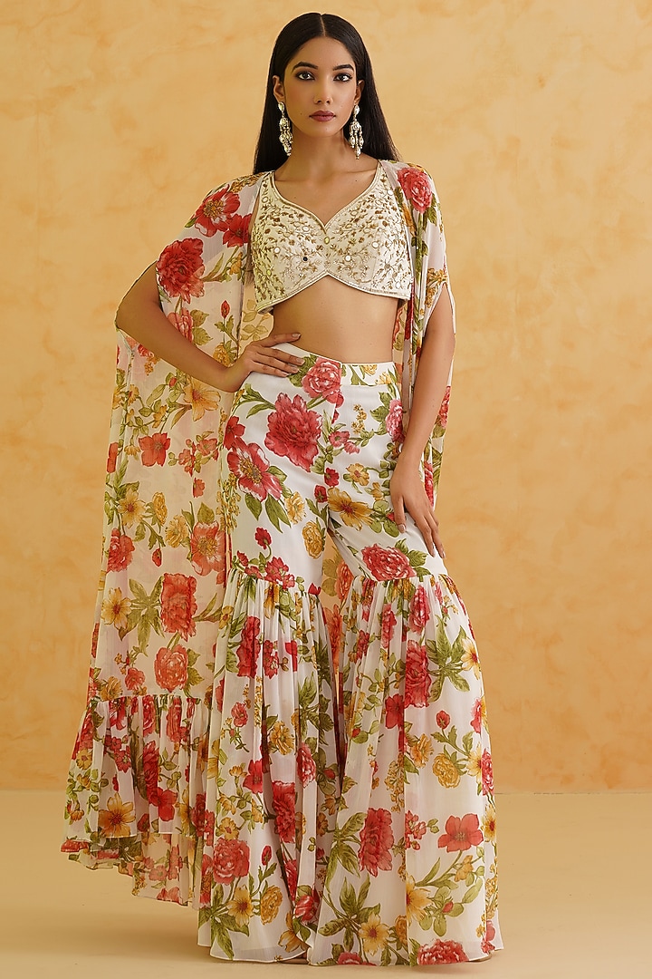 White Georgette Floral Printed Jacket Set by Deepika Chadha at Pernia's Pop Up Shop