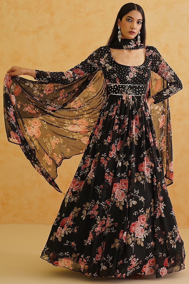 Black Georgette Floral Printed & Embroidered Anarkali Set by Deepika Chadha at Pernia's Pop Up Shop