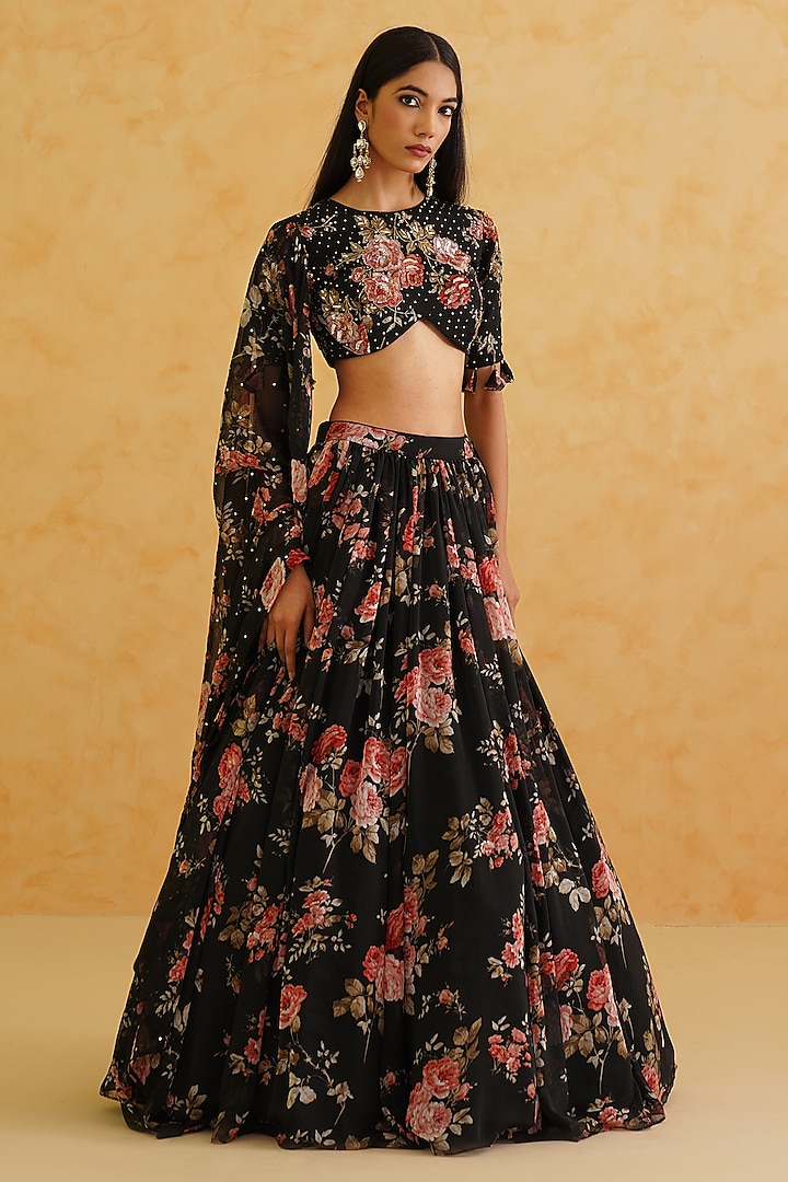 Black Georgette Floral Printed Wedding Lehenga Set by Deepika Chadha at Pernia's Pop Up Shop