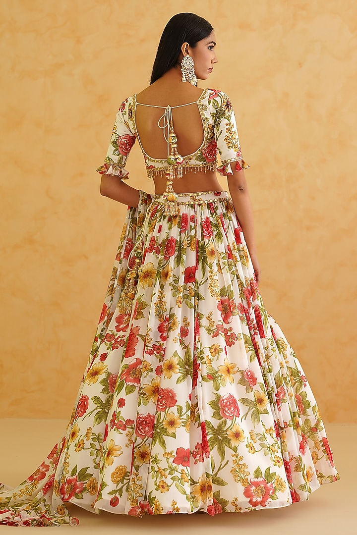 White Georgette Floral Printed Wedding Lehenga Set by Deepika Chadha at Pernia's Pop Up Shop