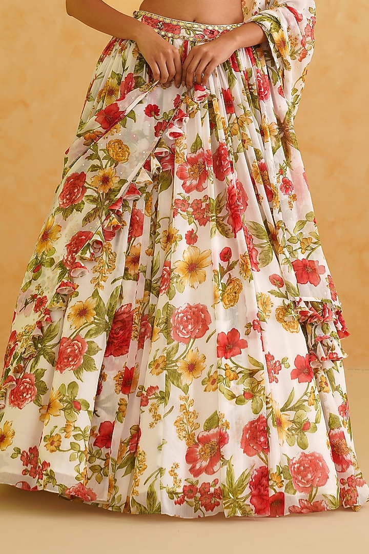 White Georgette Floral Printed Wedding Lehenga Set by Deepika Chadha at Pernia's Pop Up Shop