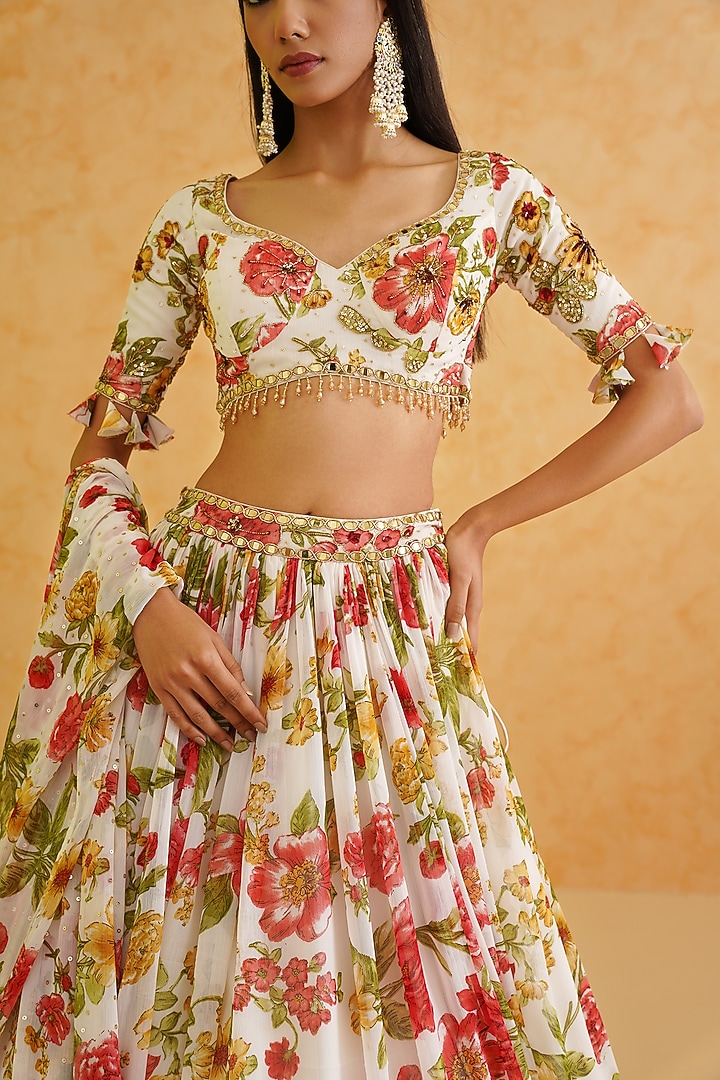 White Georgette Floral Printed Wedding Lehenga Set by Deepika Chadha at Pernia's Pop Up Shop