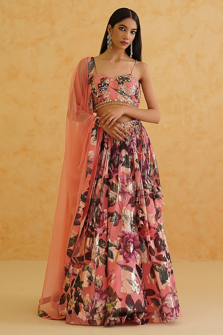 Pink Georgette Floral Printed Wedding Lehenga Set by Deepika Chadha at Pernia's Pop Up Shop