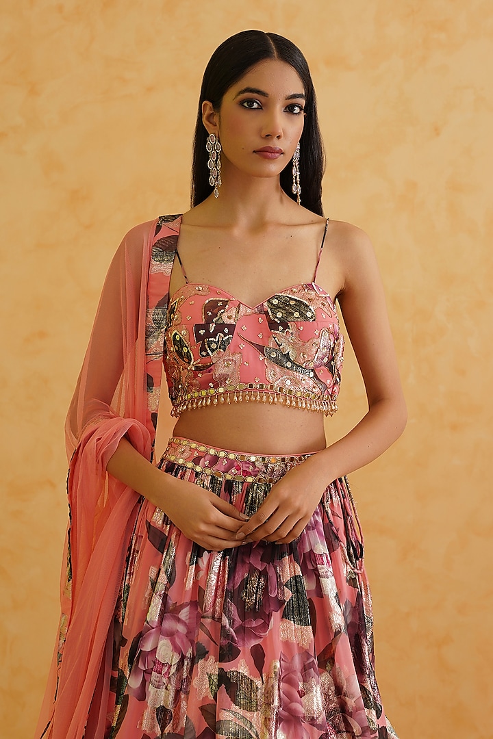 Pink Georgette Floral Printed Wedding Lehenga Set by Deepika Chadha at Pernia's Pop Up Shop