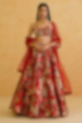 Red Dupion Floral Printed Wedding Lehenga Set by Deepika Chadha at Pernia's Pop Up Shop