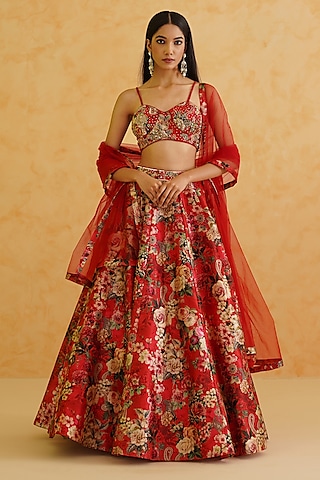 Red Dupion Floral Printed Lehenga Set by Deepika Chadha