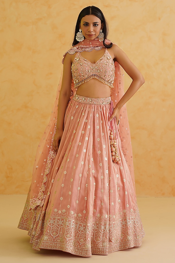 Pink Georgette Tissue Sequins & Cutdana Hand Embroidered Wedding Lehenga Set by Deepika Chadha at Pernia's Pop Up Shop