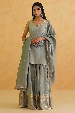 Grey Georgette Tissue Embroidered Sharara Set by Deepika Chadha