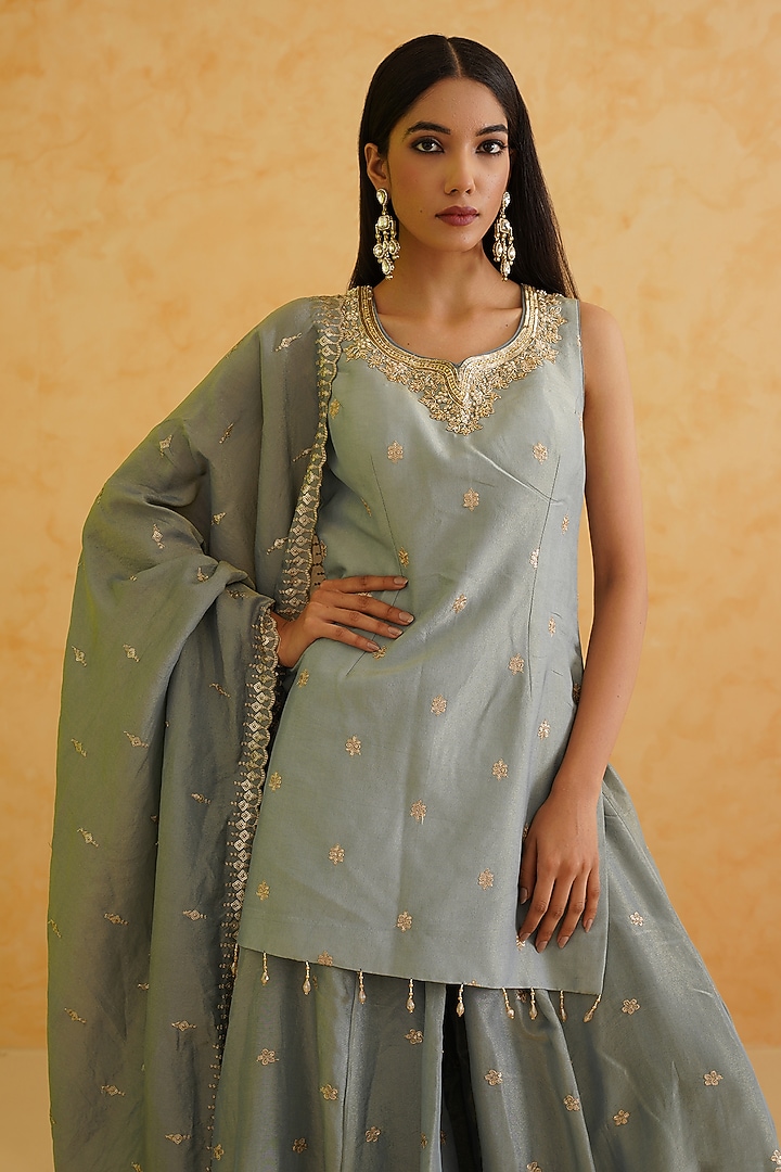 Grey Georgette Tissue Embroidered Wedding Sharara Set by Deepika Chadha at Pernia's Pop Up Shop