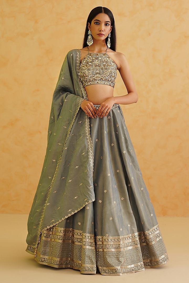 Grey Georgette Tissue Hand Embroidered Embroidered Wedding Lehenga Set by Deepika Chadha at Pernia's Pop Up Shop