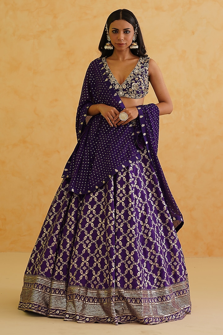 Purple Brocade Sequins & Crystal Hand Embroidered Wedding Lehenga Set by Deepika Chadha at Pernia's Pop Up Shop