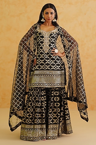Black Brocade Embroidered Gharara Set by Deepika Chadha