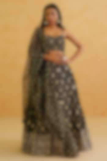 Black Brocade Sequins & Crystal Hand Embroidered Wedding Lehenga Set by Deepika Chadha at Pernia's Pop Up Shop