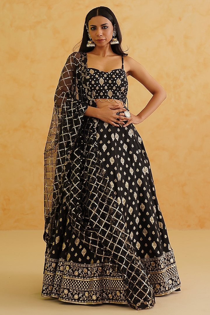 Black Brocade Sequins & Crystal Hand Embroidered Wedding Lehenga Set by Deepika Chadha at Pernia's Pop Up Shop