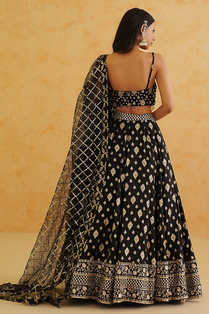 Black Brocade Sequins & Crystal Hand Embroidered Wedding Lehenga Set by Deepika Chadha at Pernia's Pop Up Shop