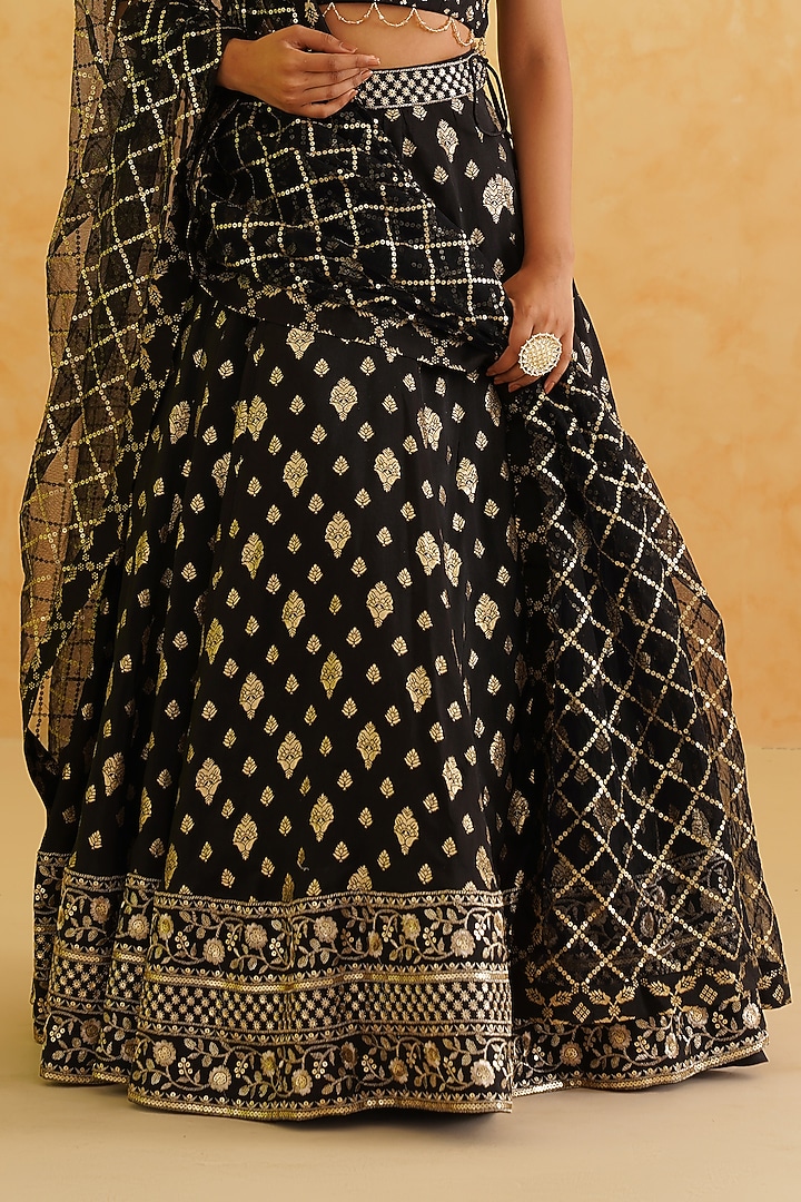 Black Brocade Sequins & Crystal Hand Embroidered Wedding Lehenga Set by Deepika Chadha at Pernia's Pop Up Shop